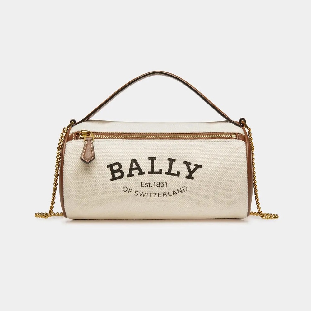 NWT Bally Calyn Canvas Leather Barrel Top Handle Crossbody Bag Brown Natural